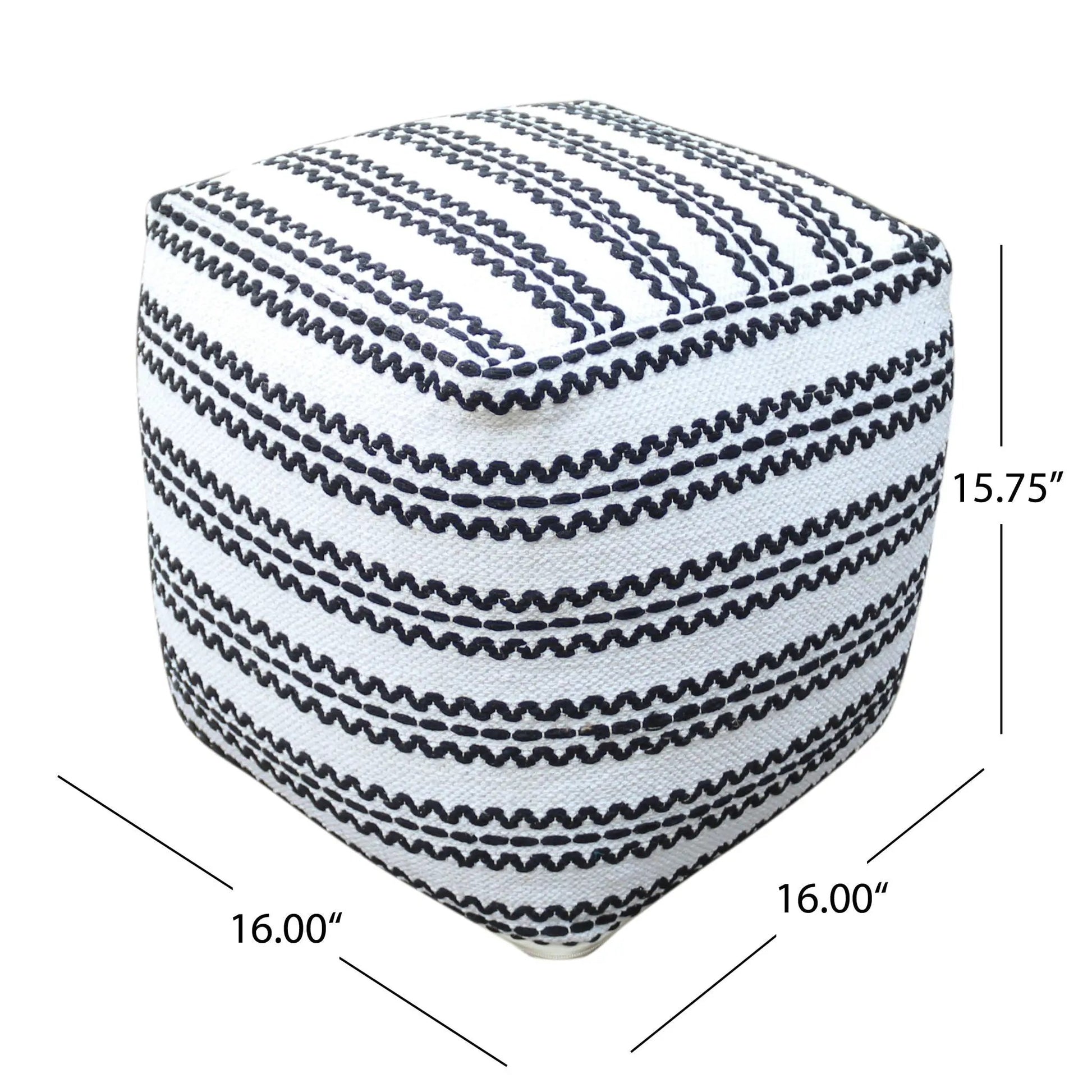 Lani fabric pouf, square natural cotton with black stitched stripes on Tampa Home & Garden Store