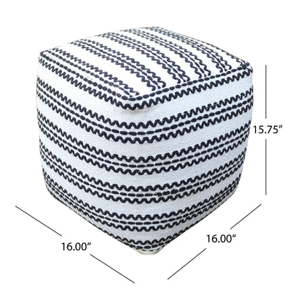 Lani fabric pouf, square natural cotton with black stitched stripes on Tampa Home & Garden Store