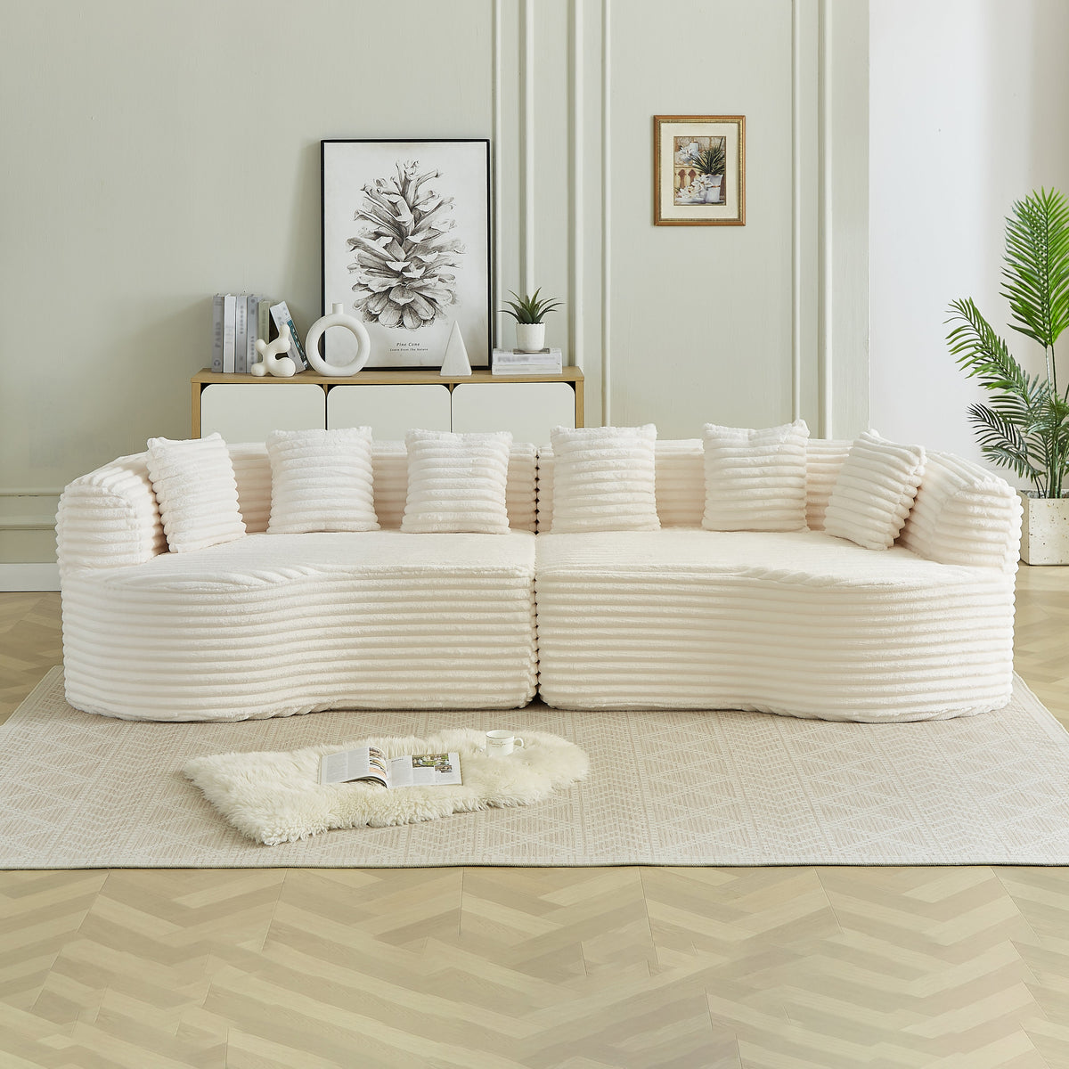 Curved Sectional Sofa 111.5-inch oversized, cream ribbed upholstery by HouseOfZazla on Tampa Home & Garden Store