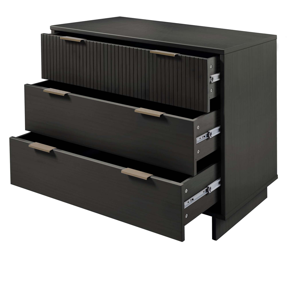 Solid wood 3-drawer dresser with ribbed fronts by HouseOfZazla, dark charcoal finish, brushed brass pulls on Tampa Home & Garden Store