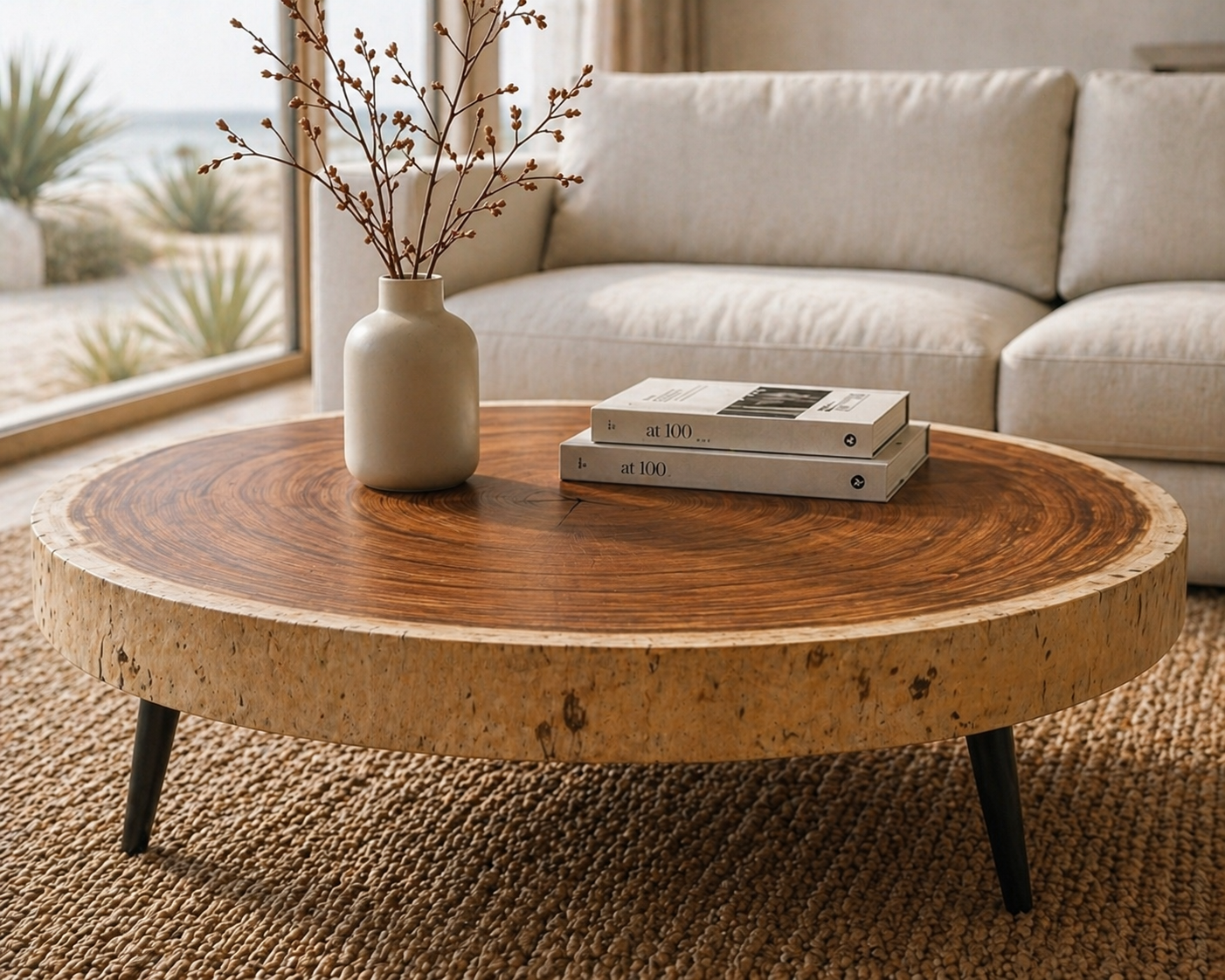 Bumi Round Suar Coffee Table with natural edge, warm wood grain top, black angled legs on Tampa Home & Garden Store