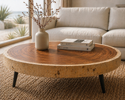 Bumi Round Suar Coffee Table with natural edge, warm wood grain top, black angled legs on Tampa Home & Garden Store