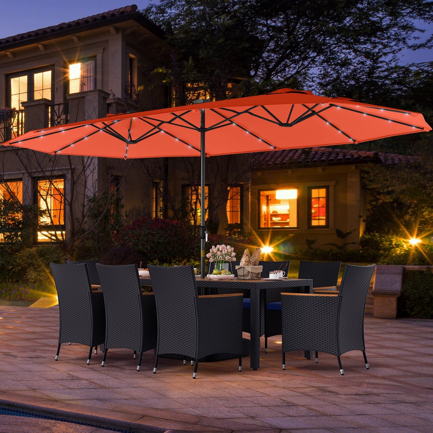 11 Pieces Patio Dining Set with LED Patio Umbrella with Base and Seat Cushions (Navy)