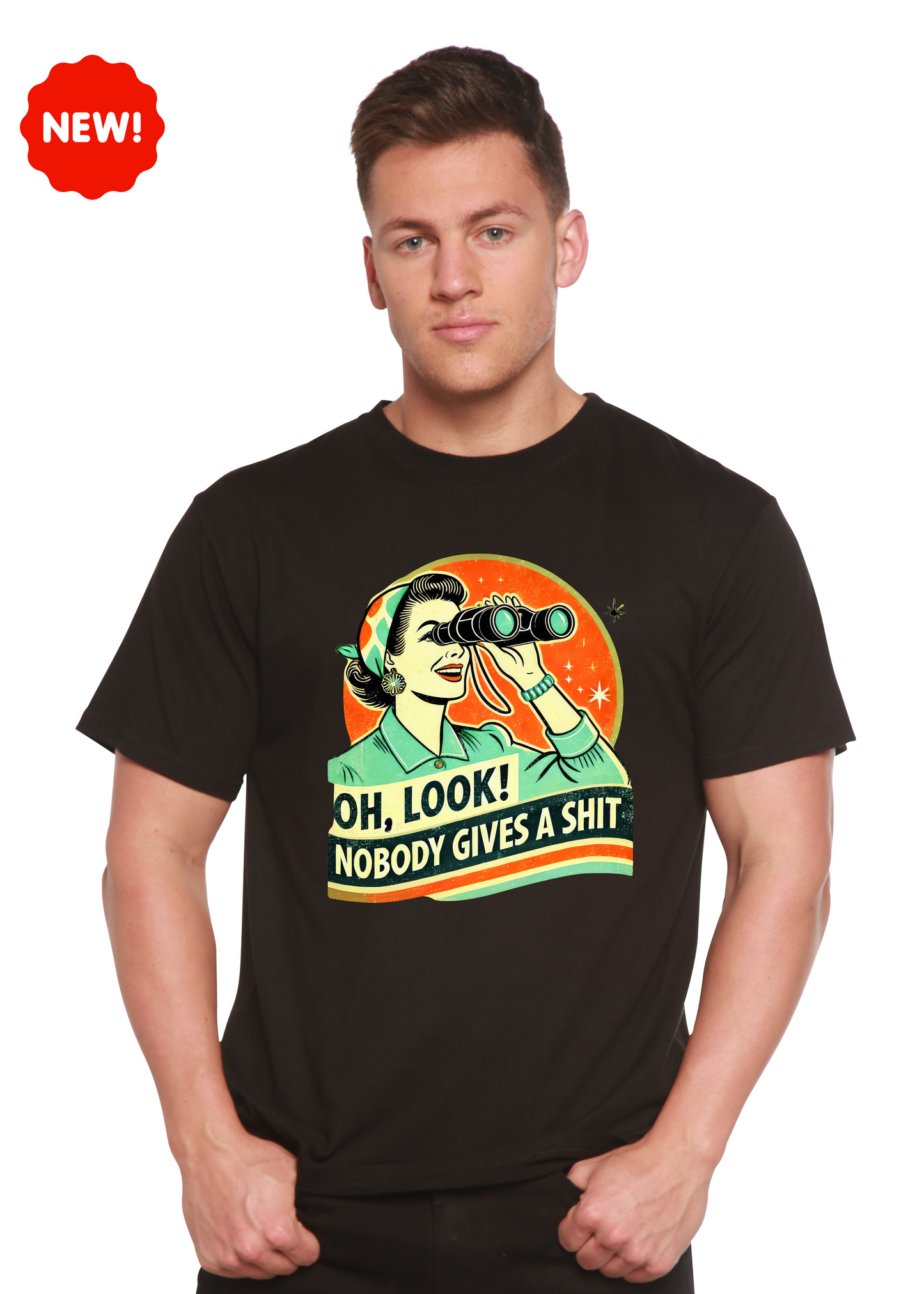 Mens black bamboo/cotton tee with retro woman and binoculars in orange circle by Spun Bamboo on Tampa Home & Garden Store
