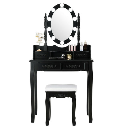 Tocador de Maquillaje con Espejo Iluminado con Interruptor Táctil y Taburete Acolchado-Negro