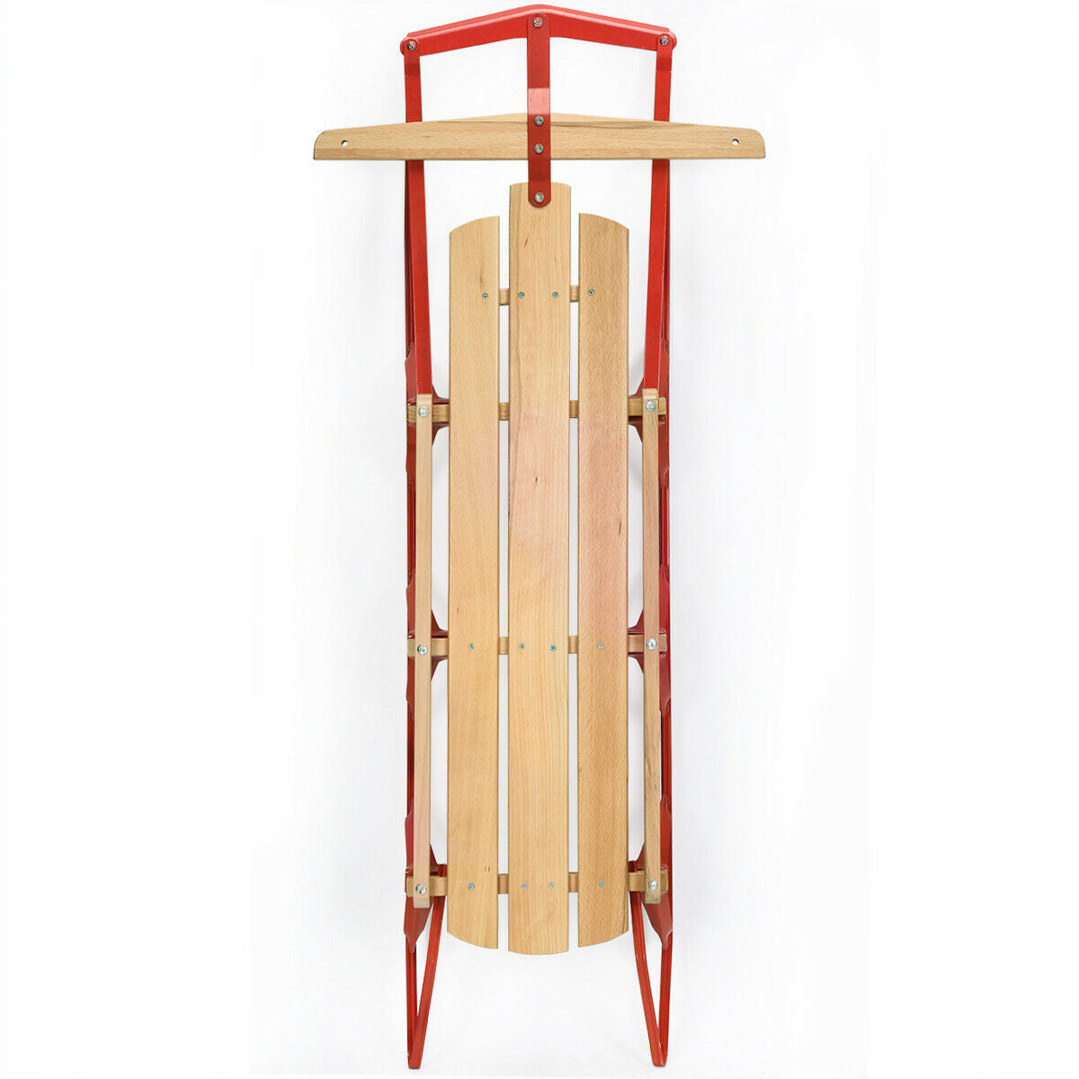 54 Inch Wood Snow Sled with Metal Runners and Steering Bar by DirectDeals, red frame on Tampa Home & Garden Store