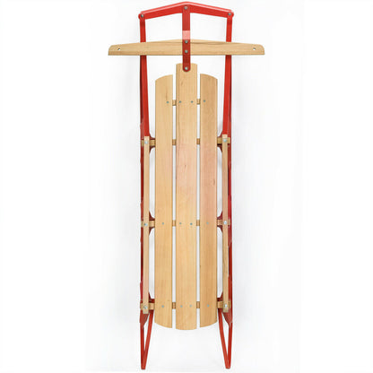 54 Inch Wood Snow Sled with Metal Runners and Steering Bar by DirectDeals, red frame on Tampa Home & Garden Store
