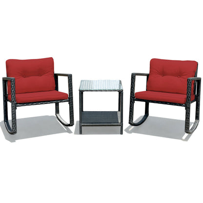 3 Pcs Wicker Rocking Bistro Set with Glass Coffee Table and Storage Shelf-Beige
