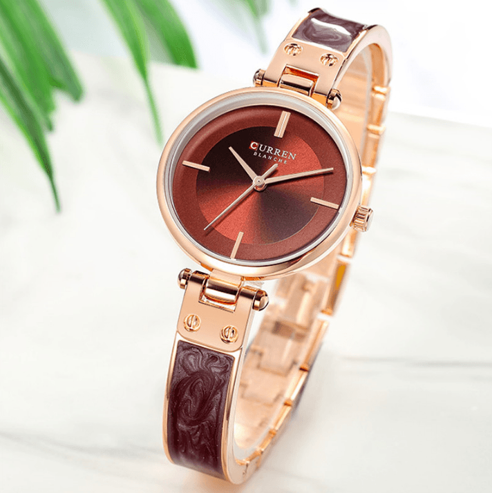 Women's elegant stainless steel watch with rose gold ceramic bracelet and burgundy marbled dial on Tampa Home & Garden Store