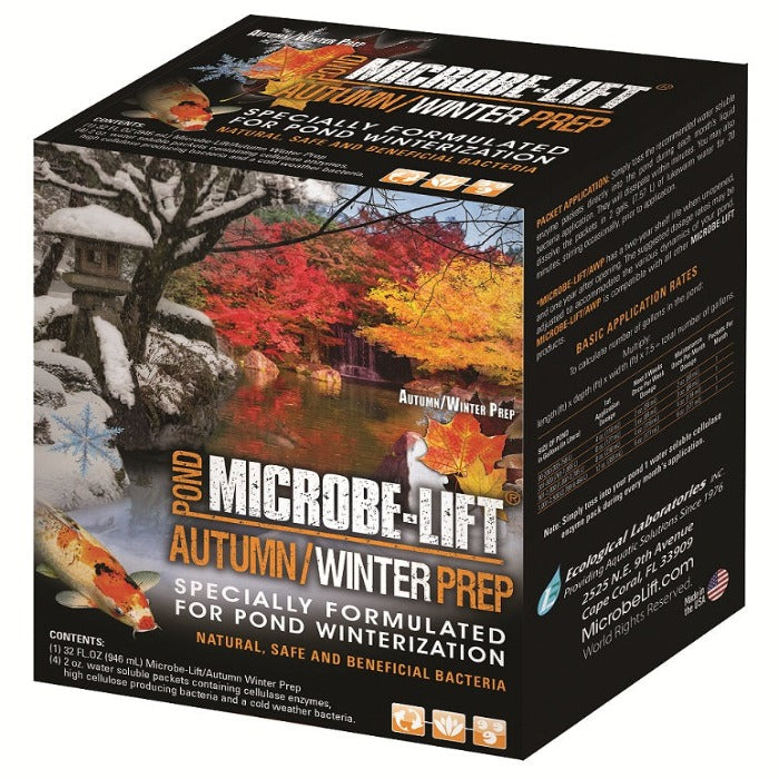 Microbe-Lift Autumn/Winter Prep pond treatment box by Rivendell Distribution, liquid & granular formula with koi and autumn leaves on packaging on Tampa Home & Garden Store