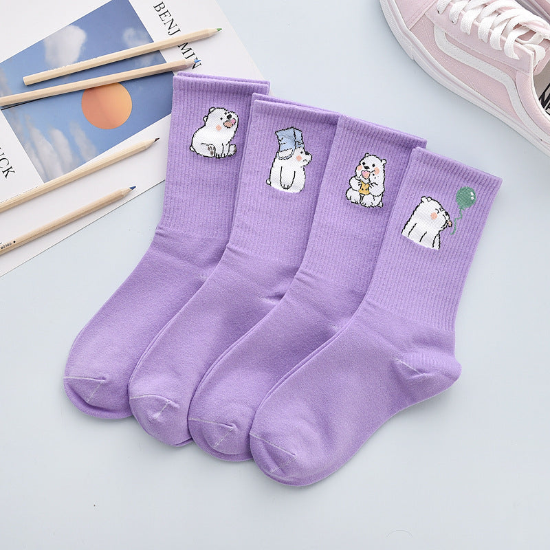 4-pair lavender combed cotton crew socks with bear cartoon embroidery on cuffs Stevvex unisex on Tampa Home & Garden Store
