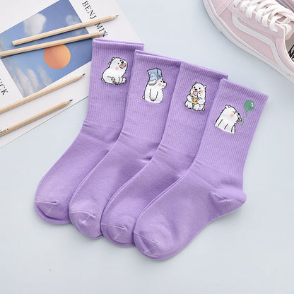 4-pair lavender combed cotton crew socks with bear cartoon embroidery on cuffs Stevvex unisex on Tampa Home & Garden Store