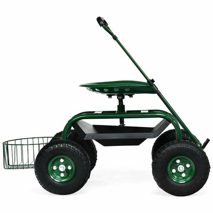 Carro de jardín de servicio pesado con bandeja de herramientas y asiento giratorio 360°-Verde