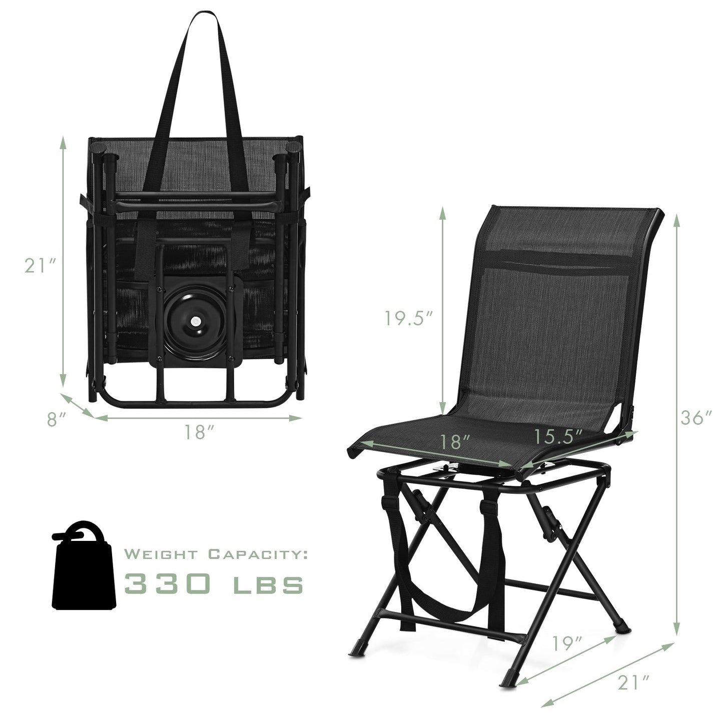 GemGear outdoor foldable 360 swivel chair with iron frame, black mesh seat folded/unfolded on Tampa Home & Garden Store
