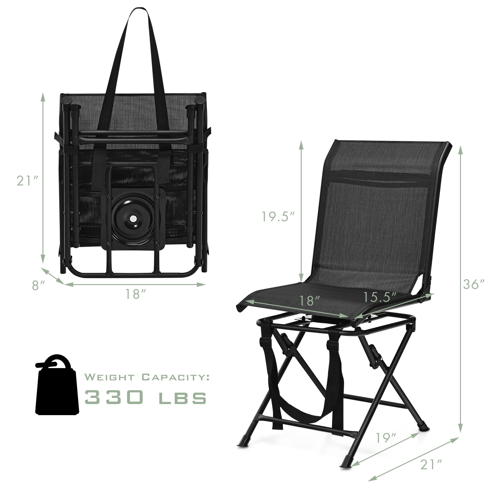 GemGear outdoor foldable 360 swivel chair with iron frame, black mesh seat folded/unfolded on Tampa Home & Garden Store