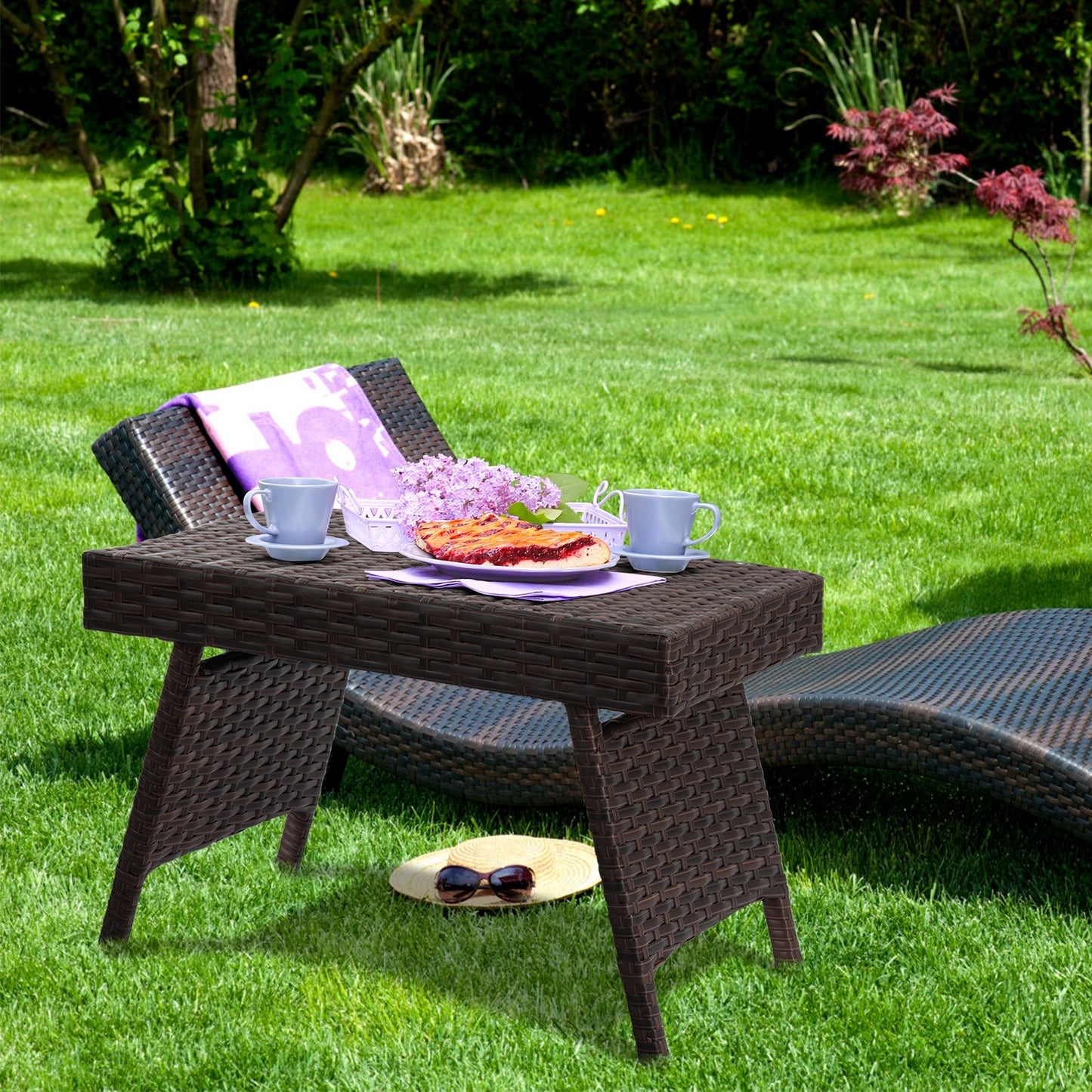 Mesa auxiliar plegable de ratán PE para patio/jardín - Marrón