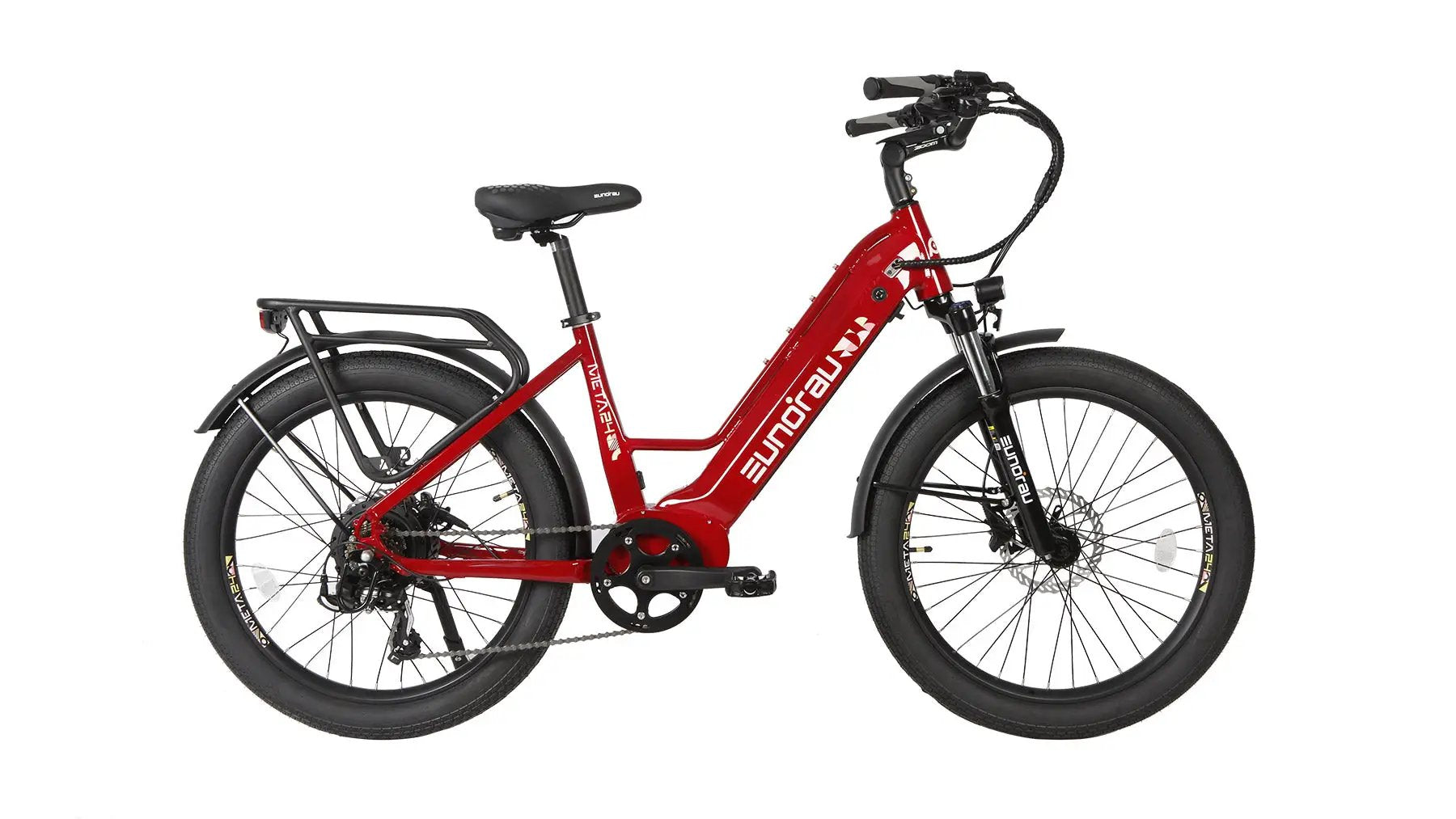 META26 1.0 electric bicycle red frame by EUNORAU E-BIKE US with rear rack and fat tires on Tampa Home & Garden Store