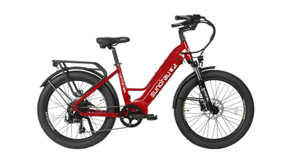 META26 1.0 electric bicycle red frame by EUNORAU E-BIKE US with rear rack and fat tires on Tampa Home & Garden Store