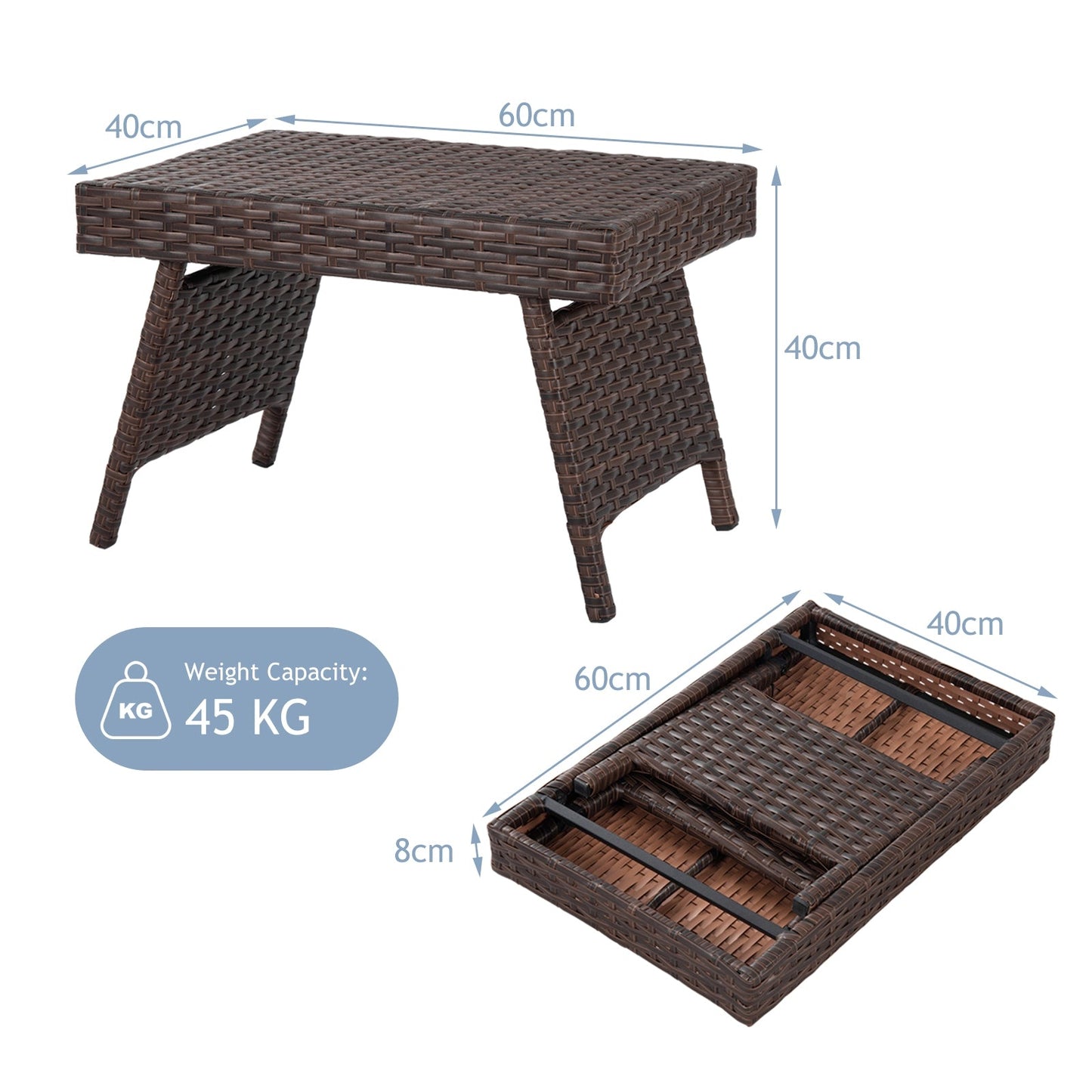 Mesa auxiliar plegable de ratán PE para patio/jardín - Marrón