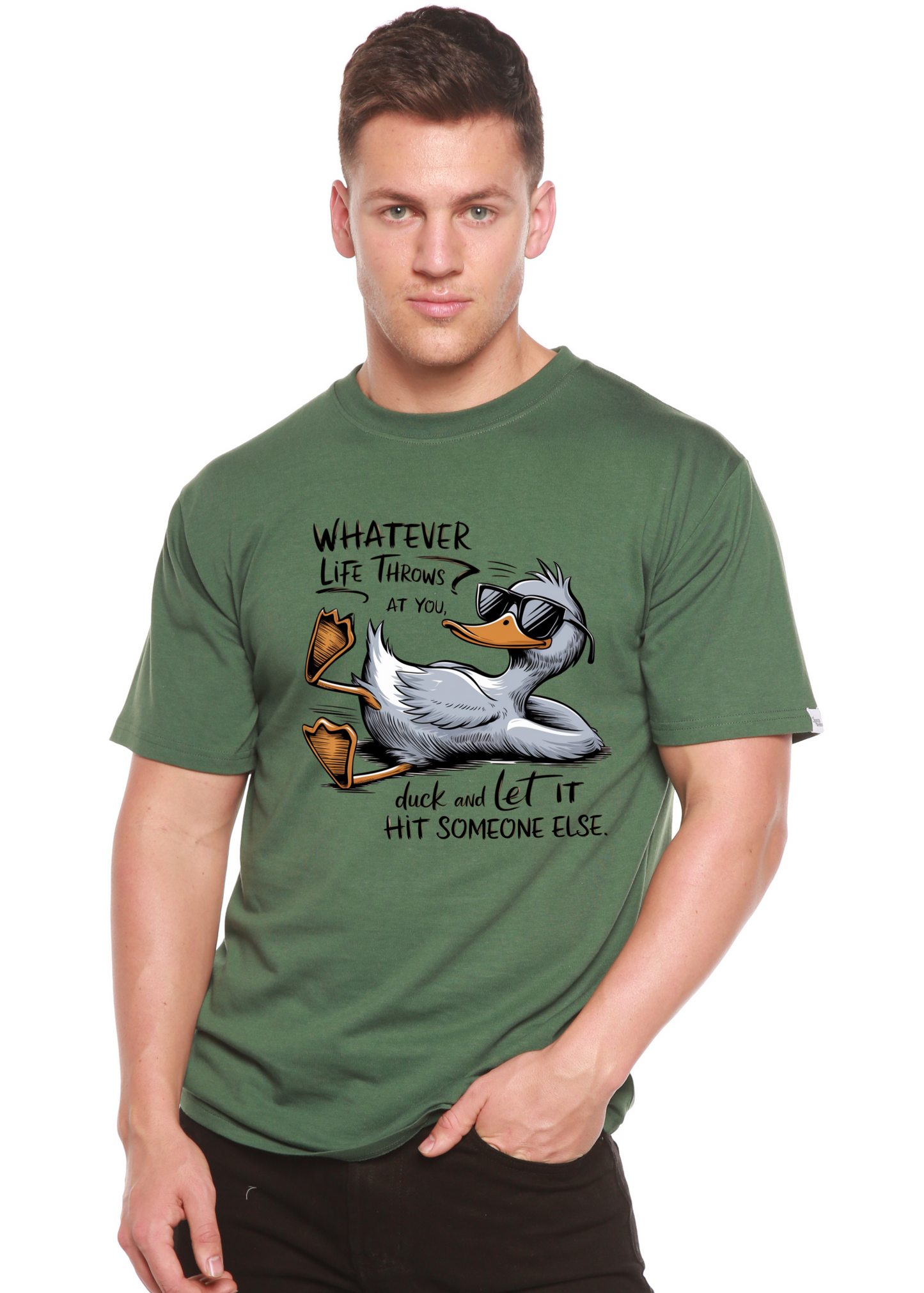 Unisex green bamboo/cotton graphic tee with a duck wearing sunglasses by Spun Bamboo on Tampa Home & Garden Store