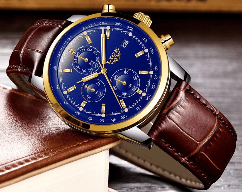 Stevvex men's waterproof chronograph watch with blue dial, gold bezel, brown leather strap on Tampa Home & Garden Store