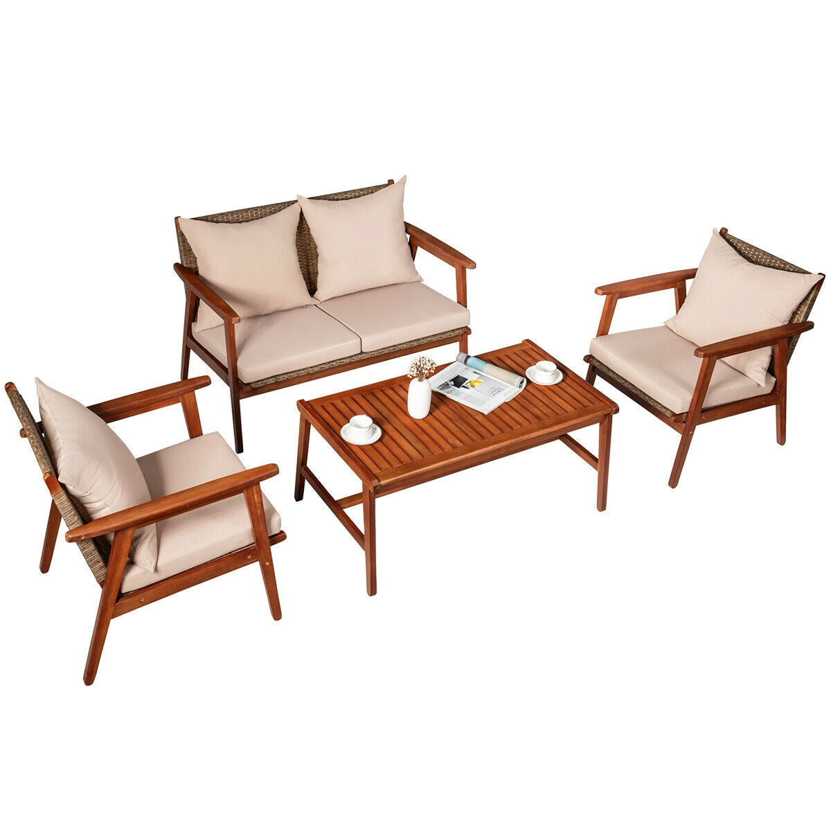 4 Piece  Acacia Wood Patio Rattan Furniture Set-Red