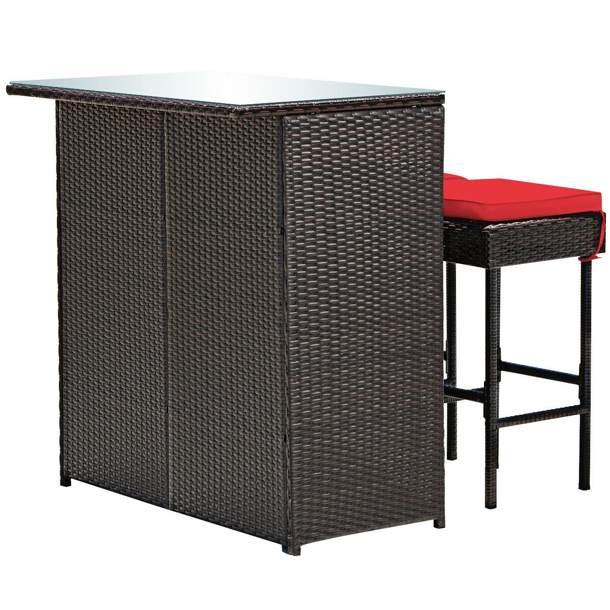 Juego de comedor de 3 piezas para patio de mimbre con mesa alta y taburetes - Rojo