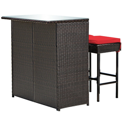 Juego de comedor de 3 piezas para patio de mimbre con mesa alta y taburetes - Rojo