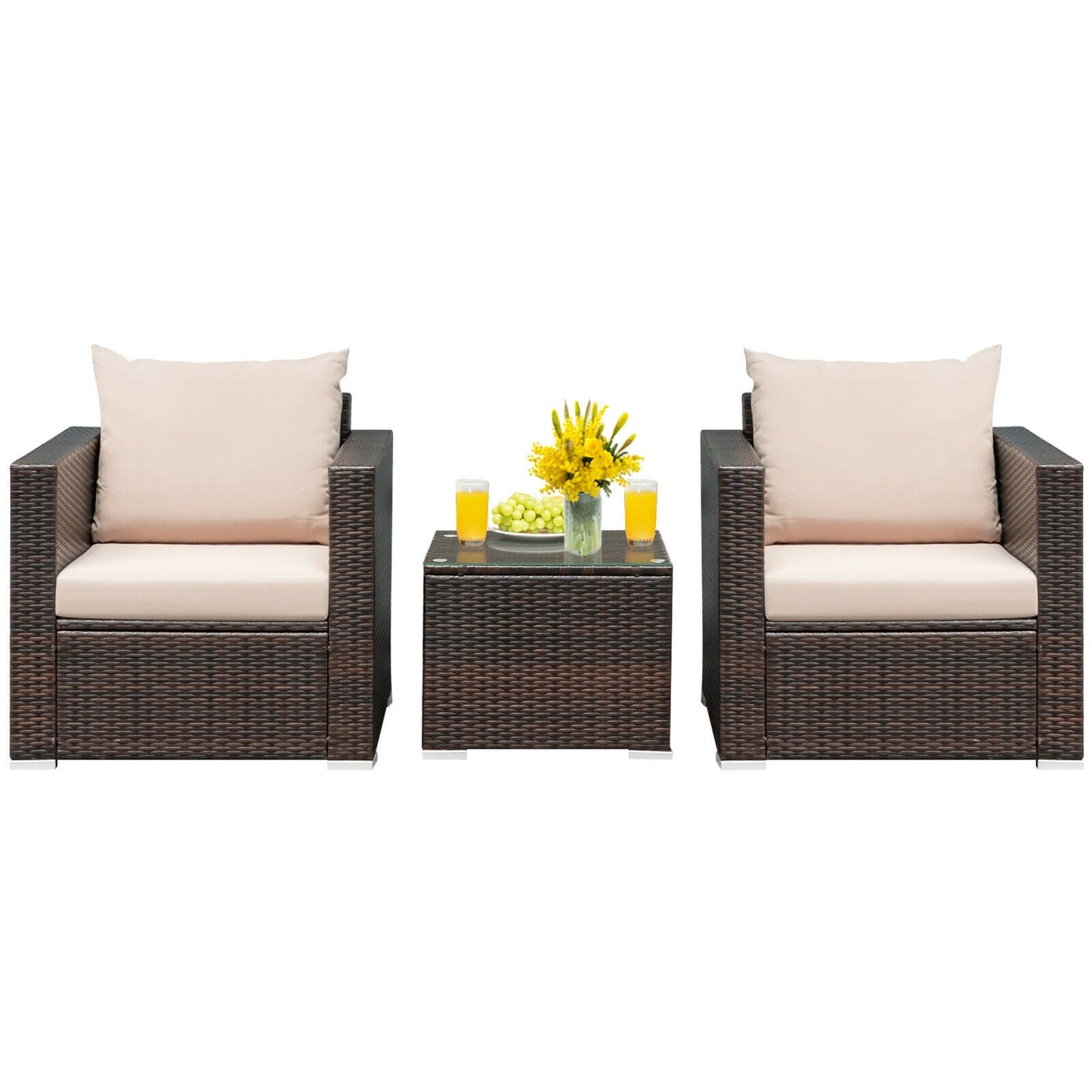 3 Pcs Patio Conversation Rattan Furniture Set with Cushion-Black - Tampa Home & Garden Store