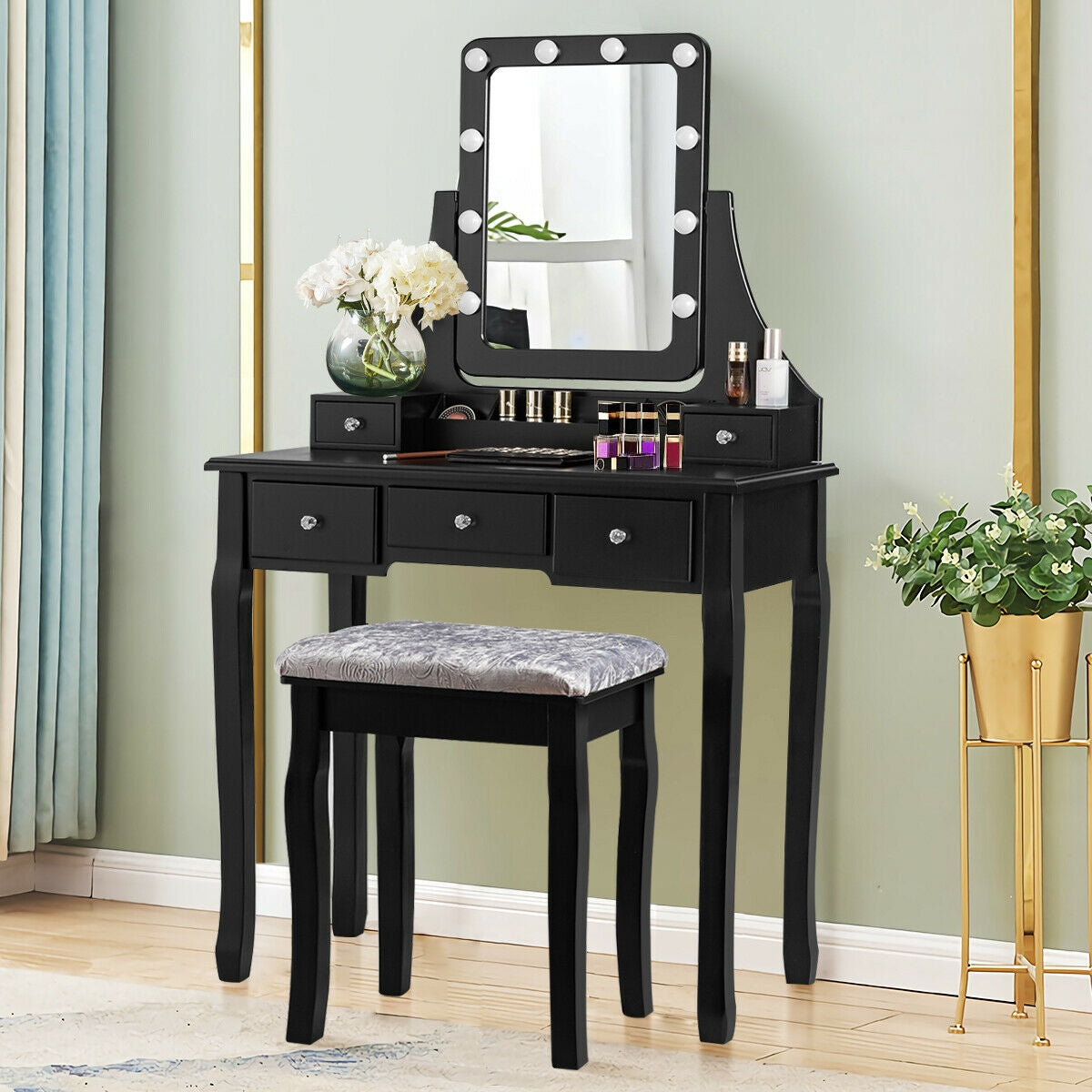 Vanity Dressing Table Set with 10 Dimmable Bulbs and Cushioned Stool-Black