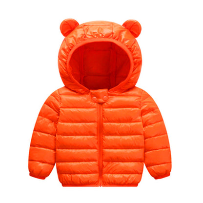 Stevvex orange baby puffer jacket with hood and bear ears on Tampa Home & Garden Store