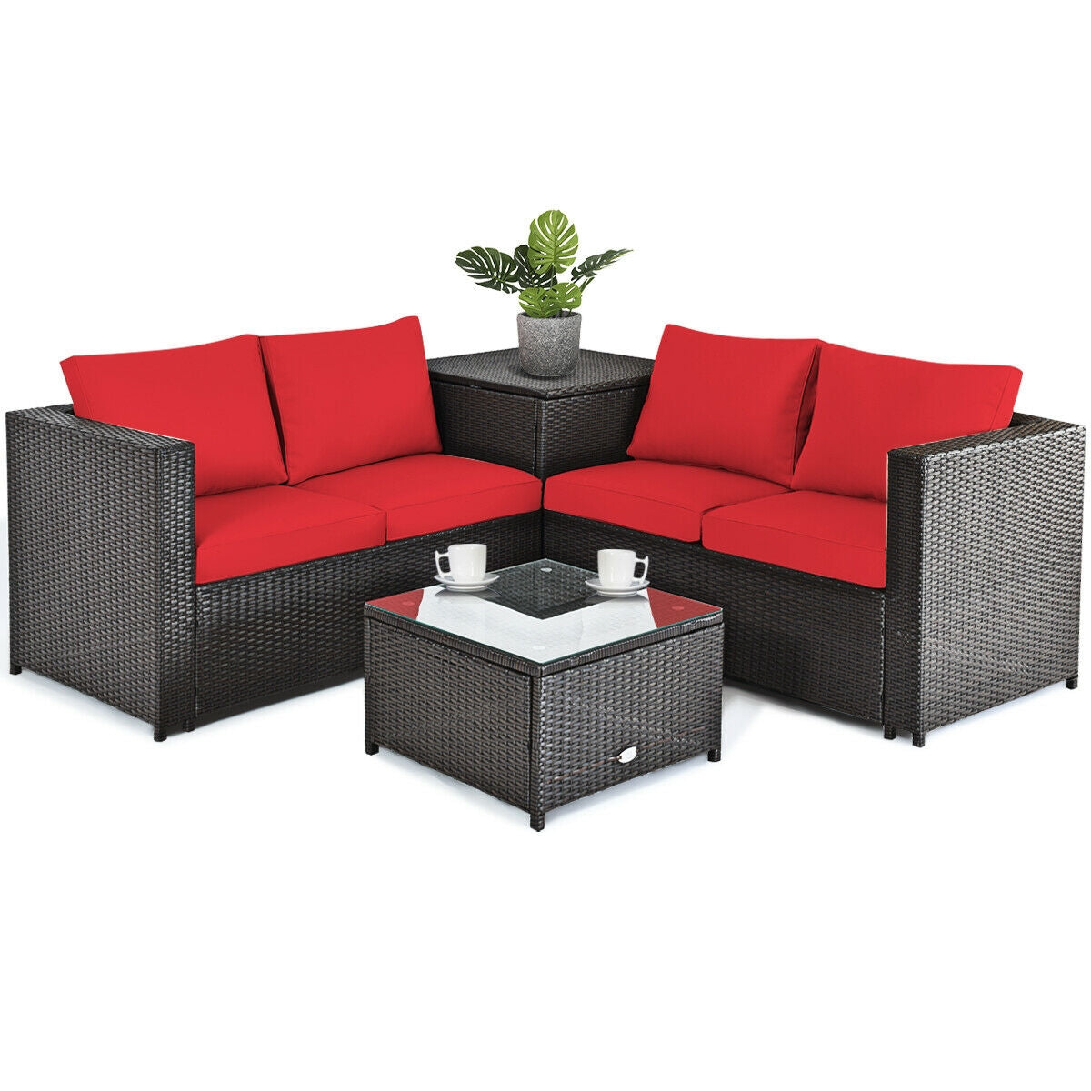 Juego de muebles de ratán para patio exterior de 4 piezas con sofá biplaza acolchado y caja de almacenamiento - Rojo