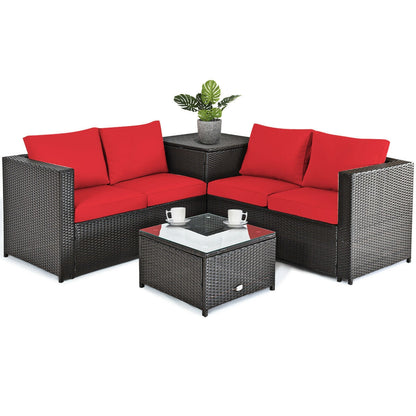 Juego de muebles de ratán para patio exterior de 4 piezas con sofá biplaza acolchado y caja de almacenamiento - Rojo