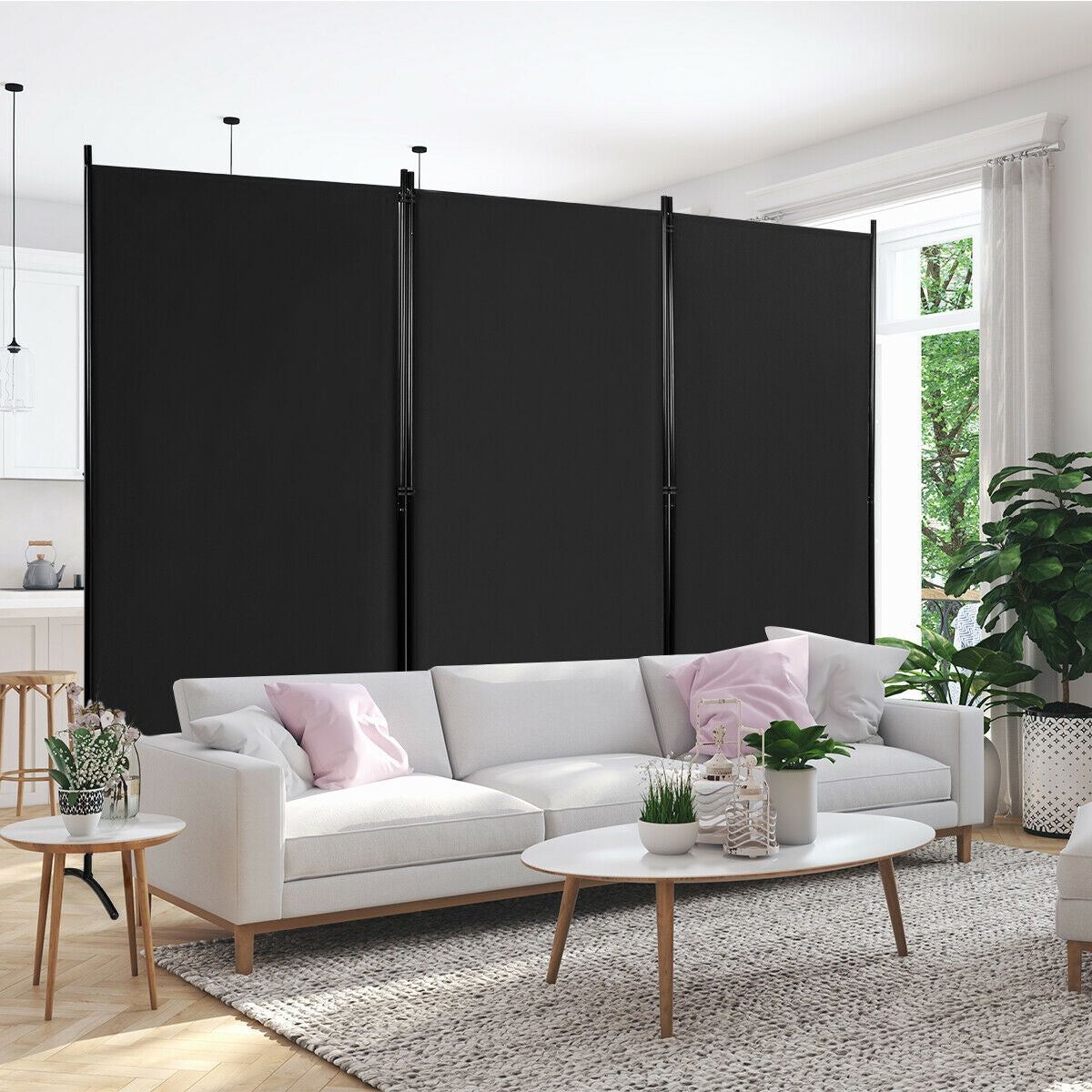 Separador de ambientes de 3 paneles, pantalla plegable para privacidad en la oficina - Negro