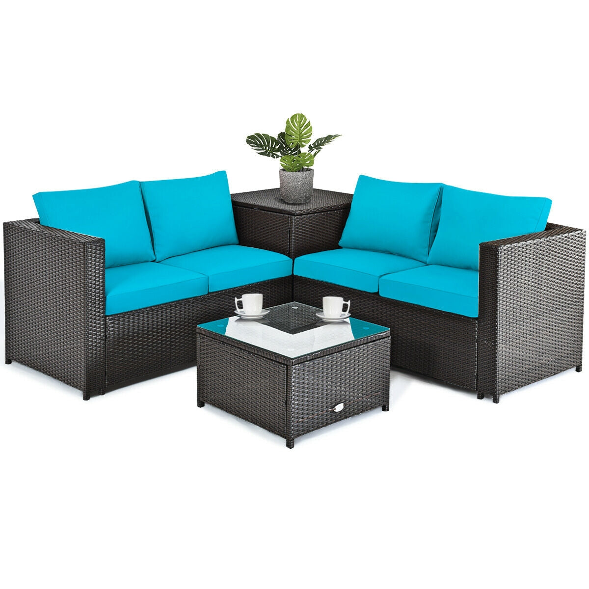 Juego de muebles de ratán para patio exterior de 4 piezas con sofá biplaza acolchado y caja de almacenamiento - Rojo