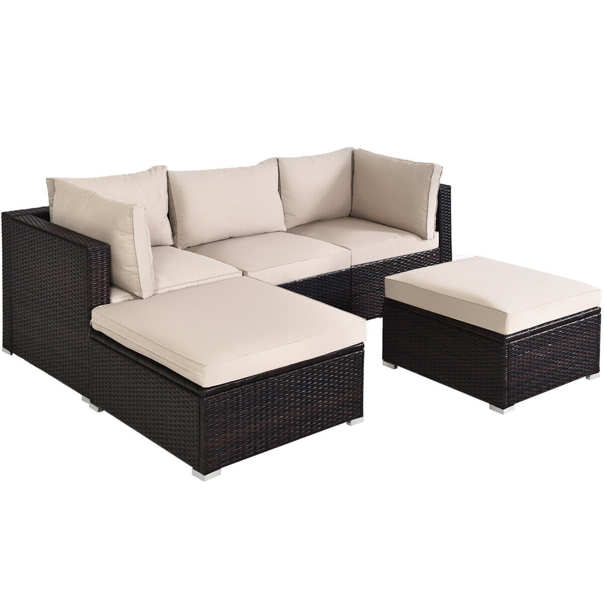 5 Pieces Patio Sectional Rattan Furniture Set with Ottoman Table-Black