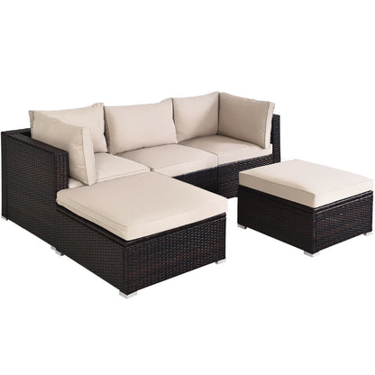 5 Pieces Patio Sectional Rattan Furniture Set with Ottoman Table-Black