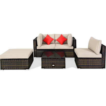 5 Pcs Outdoor Patio Rattan Furniture Set Sectional Conversation with Navy Cushions-Red