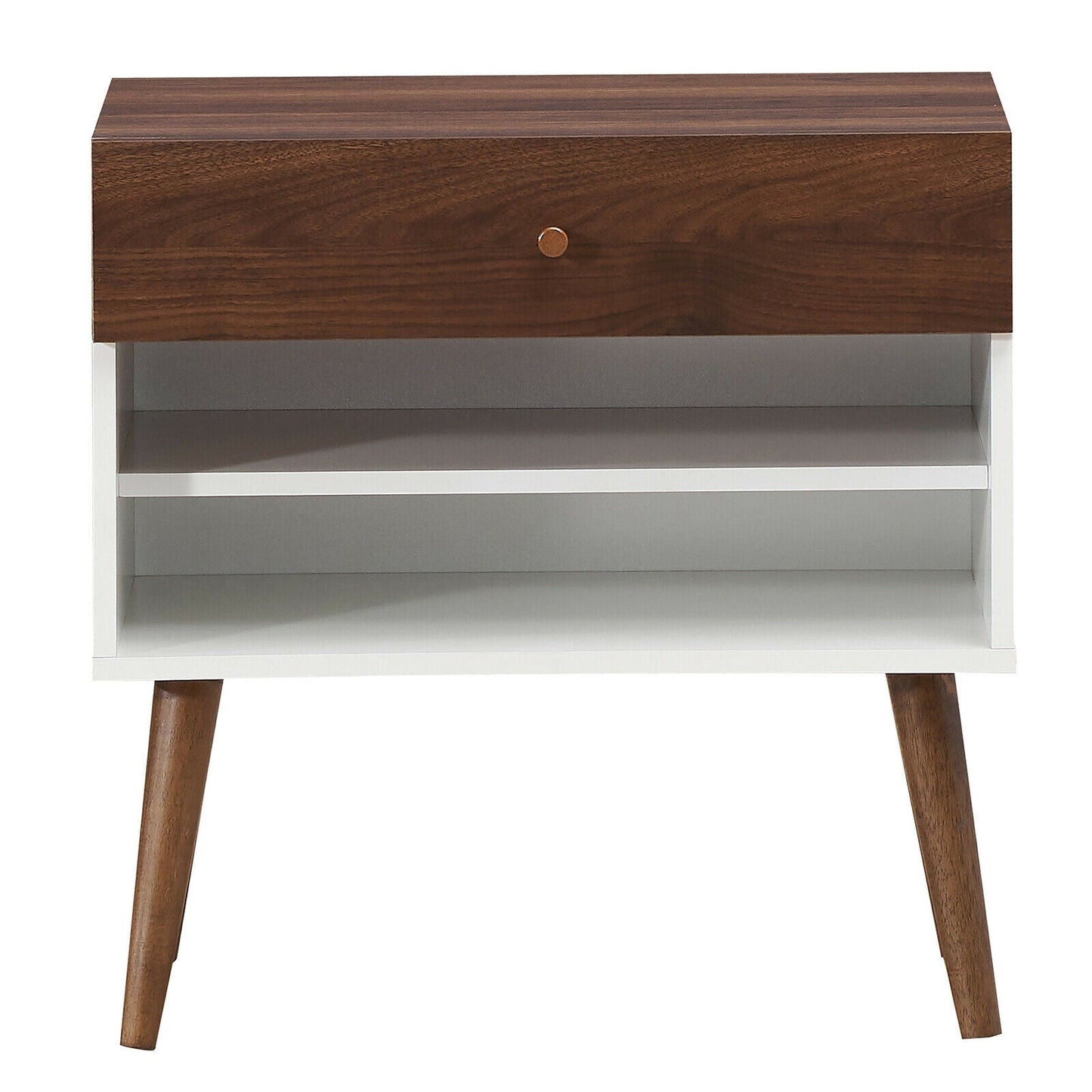 Mesa de noche de mediados de siglo con cajón y patas de madera de caucho