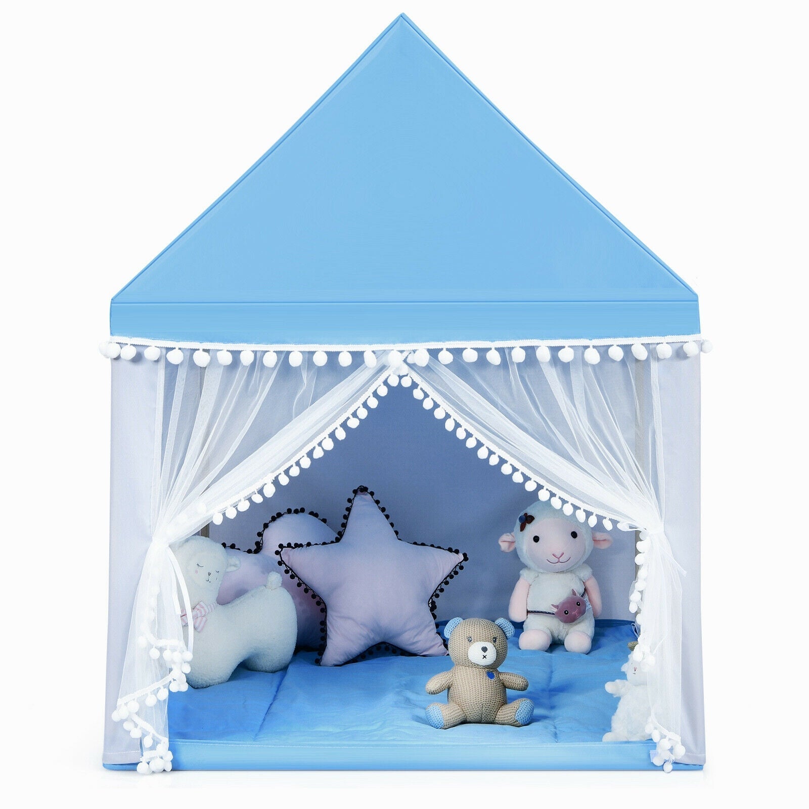GemGear Kids Play Tent Large Playhouse Castle with Mat blue roof and pom-pom trimmed sheer curtains on Tampa Home & Garden Store