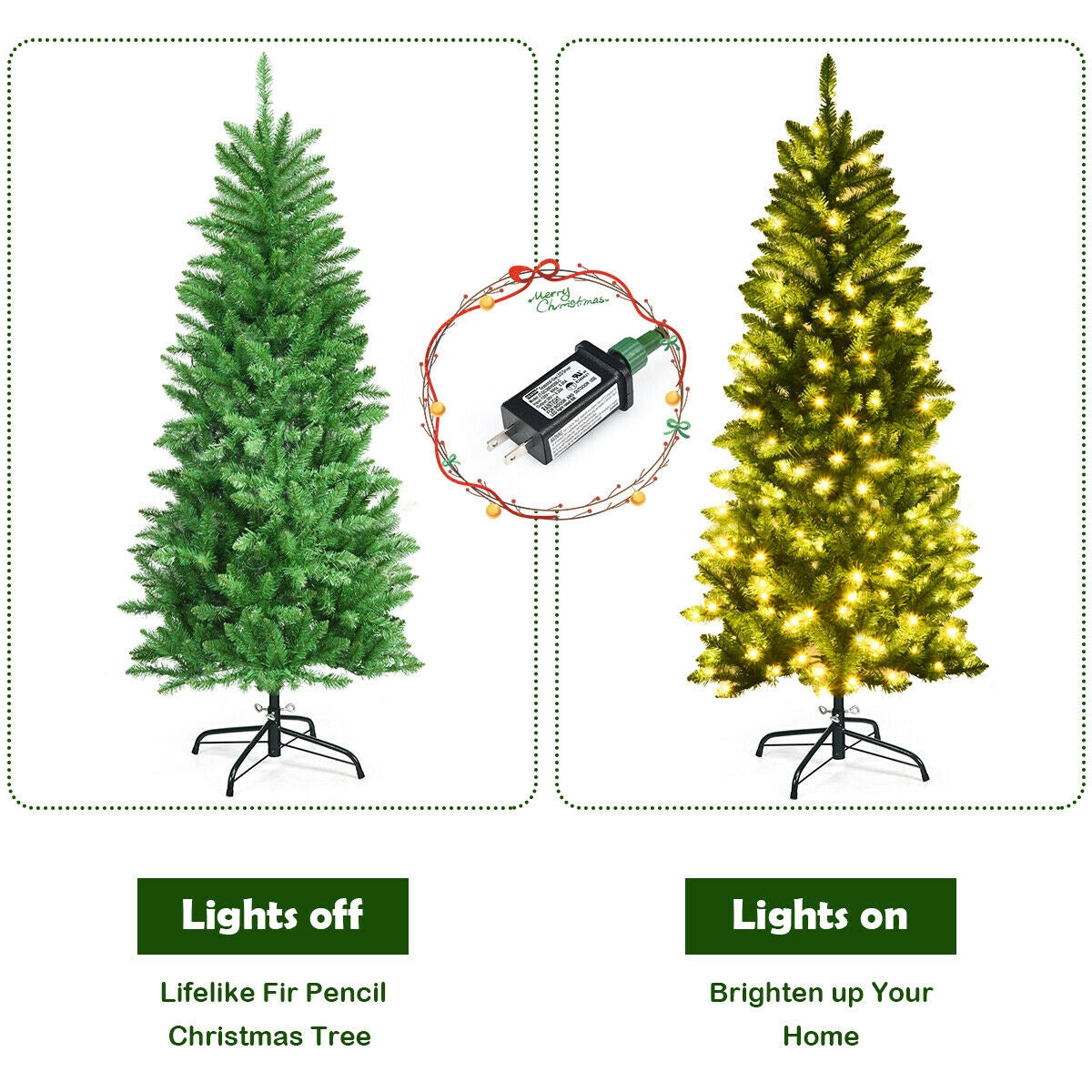 6 ft PVC hinged pre-lit fir pencil Christmas tree, unlit left and lit right, 150 lights, DirectDeals on Tampa Home & Garden Store