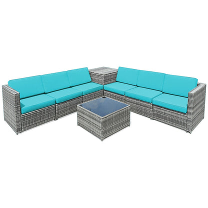 8 Piece Wicker Sofa Rattan Dinning Set Patio Furniture with Storage Table-Red
