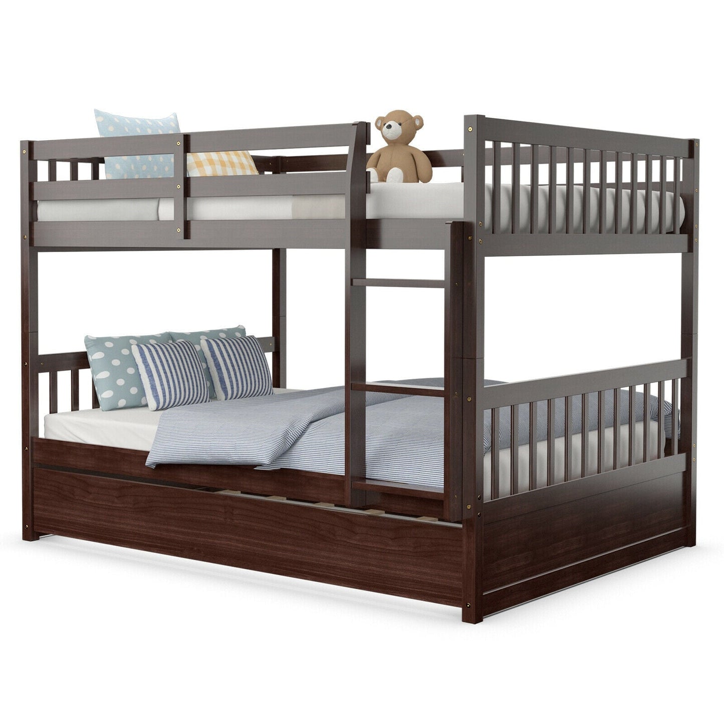 Cama litera matrimonial sobre matrimonial de plataforma de madera con escalera - Marrón