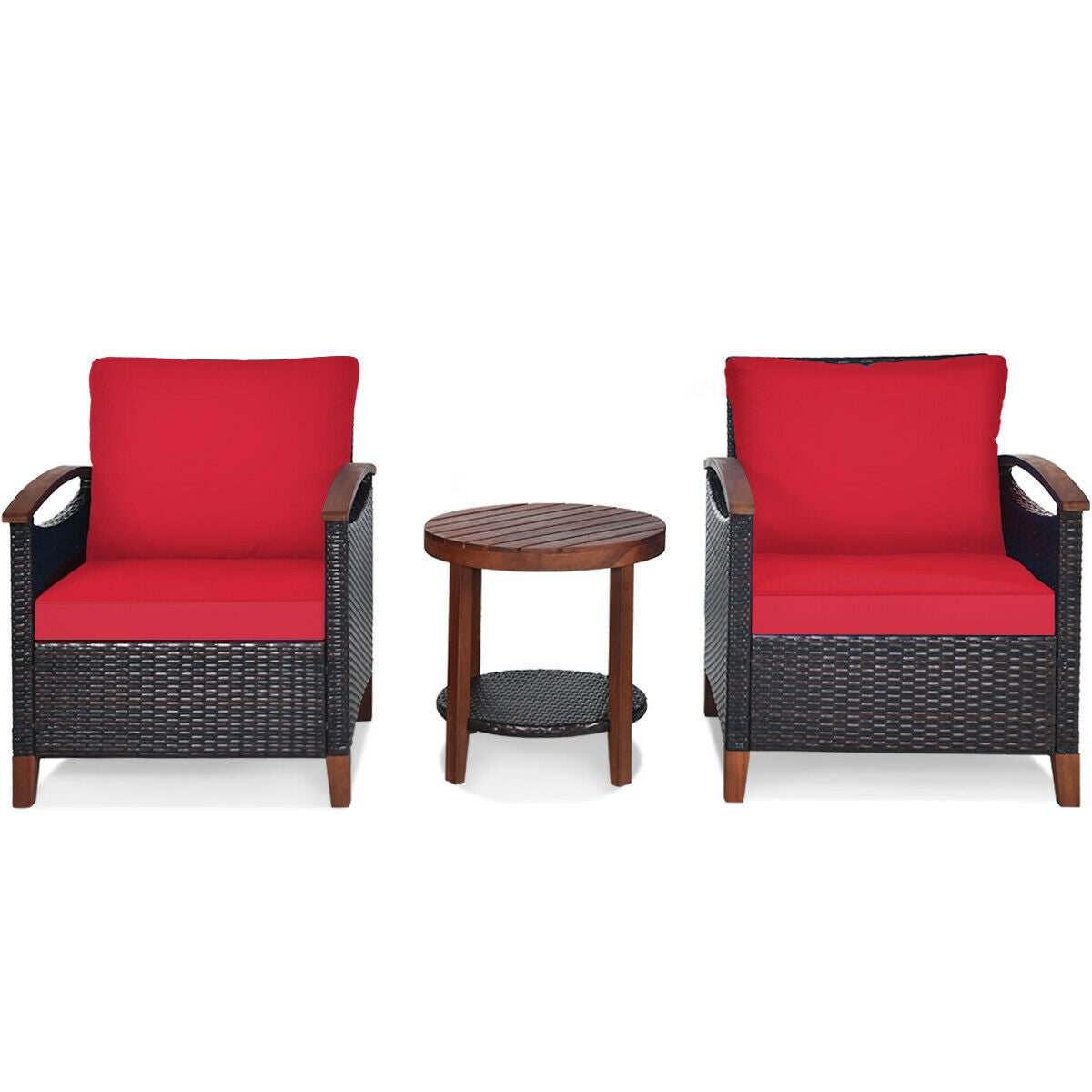 3 Pieces Patio Rattan Furniture Set with Washable Cushion and Acacia Wood Tabletop-Blue