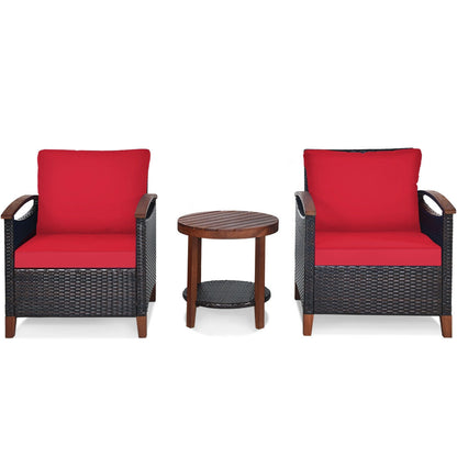 3 Pieces Patio Rattan Furniture Set with Washable Cushion and Acacia Wood Tabletop-Blue