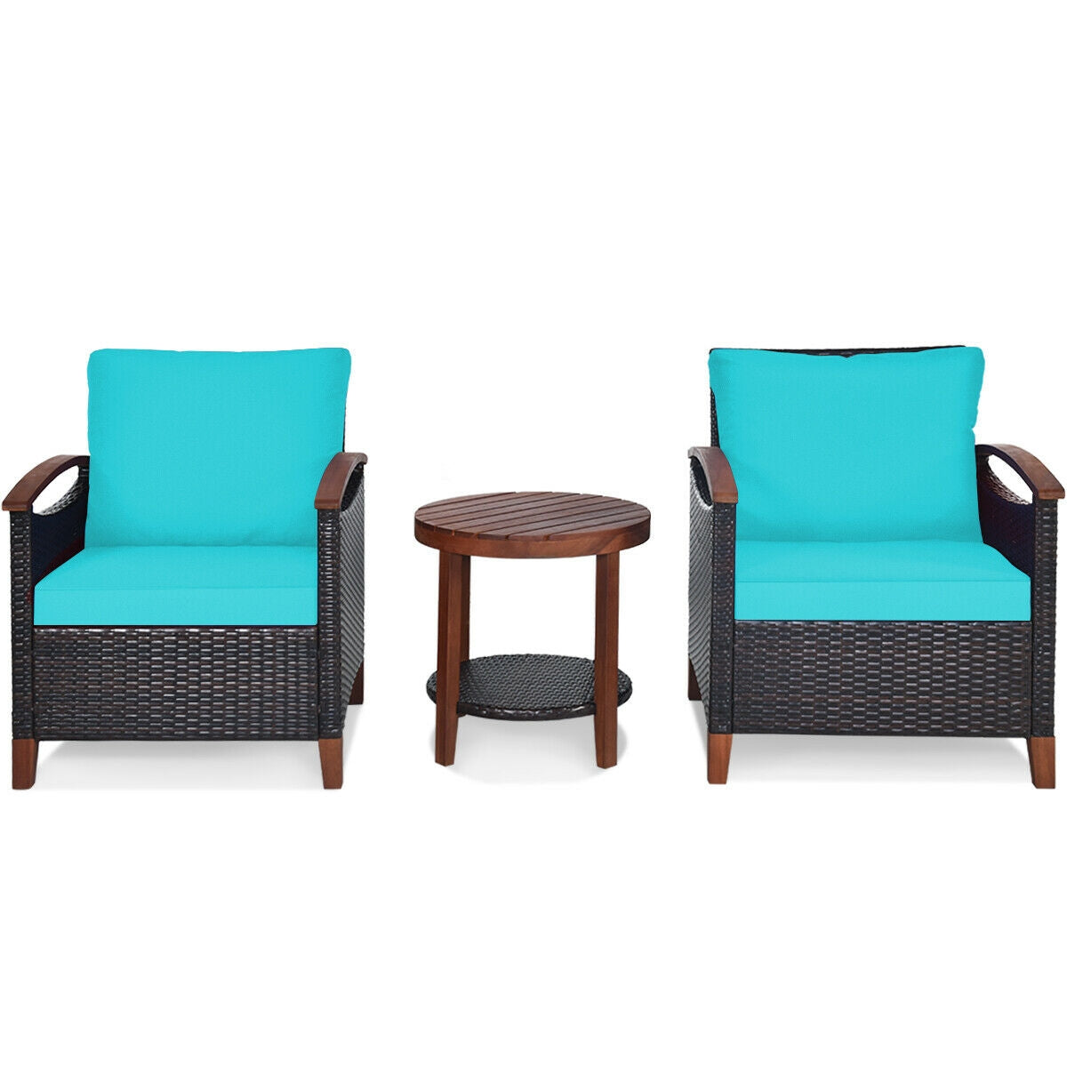 3 Pieces Patio Rattan Furniture Set with Washable Cushion and Acacia Wood Tabletop-Blue
