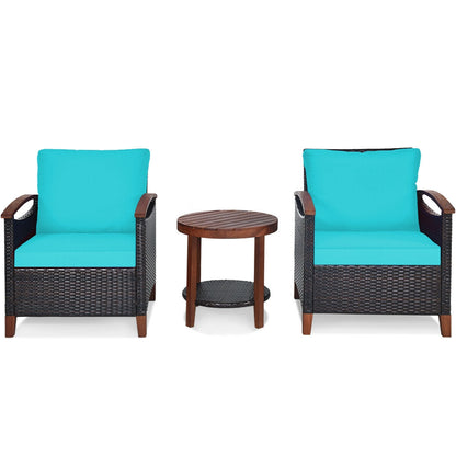 3 Pieces Patio Rattan Furniture Set with Washable Cushion and Acacia Wood Tabletop-Blue
