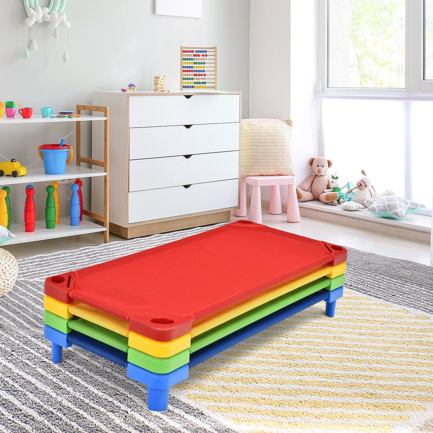 Pack of 4 GemGear colorful kids stackable naptime cots in rainbow colors on Tampa Home & Garden Store