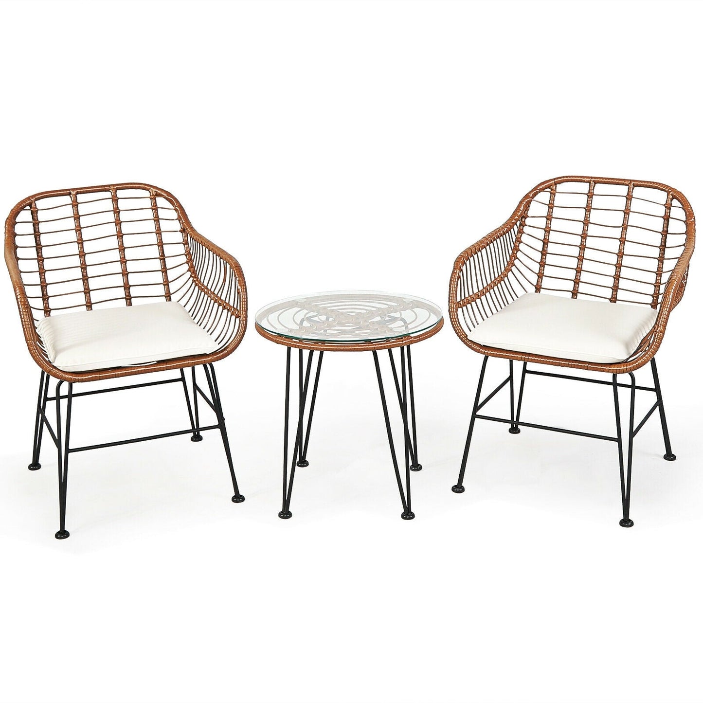 3-Piece Rattan Bistro Set with Cushions and Glass Table 2 brown wicker chairs with white cushions on Tampa Home & Garden Store