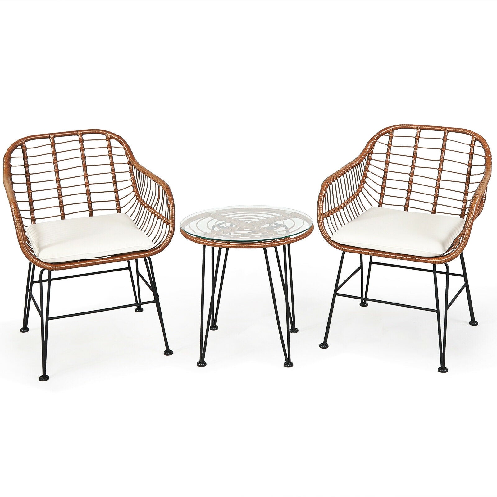 3-Piece Rattan Bistro Set with Cushions and Glass Table 2 brown wicker chairs with white cushions on Tampa Home & Garden Store
